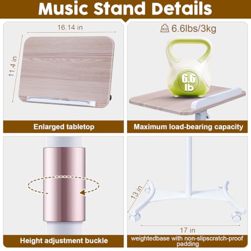 2 in 1 Dual-use Music Stand & Desktop Book Stand, Adjustable Height 16.5"-51", 100% Solid Wood Laptop Floor Stand Book Holder with Elastic Page Clips for Cookbooks (White with Tray and Wheels) - color: White With Tray and Wheels