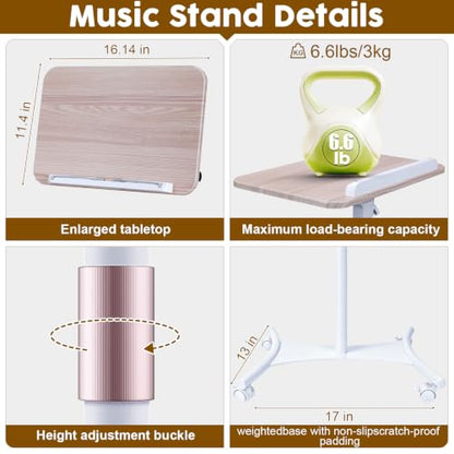 2 in 1 Dual-use Music Stand & Desktop Book Stand, Adjustable Height 16.5"-51", 100% Solid Wood Laptop Floor Stand Book Holder with Elastic Page Clips for Cookbooks (White with Tray and Wheels) - color: White With Tray and Wheels