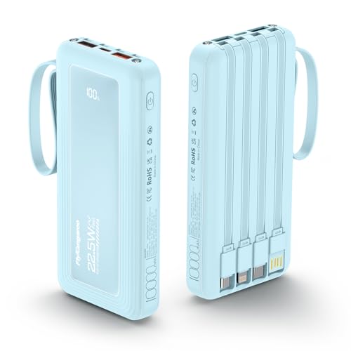 Portable Charger with Built in Cables, Slim 10000mAh Fast Charging 22.5W Power Bank USB C LED Display Battery Pack 6 Outputs & 2 Inputs for iPhone Samsung Pixel LG Moto iPad - color: Sky Blue, size: 10000Mah