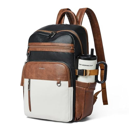 Shrrie Vegan Leather Laptop Backpack for Women,17 Inch Computer Backpack Purse for Work Business College Travel Teacher Nurse with Anti-theft Pocket & Giant Tumbler Holder,Black and Beige with Brown - color: Black and Beige With Brown