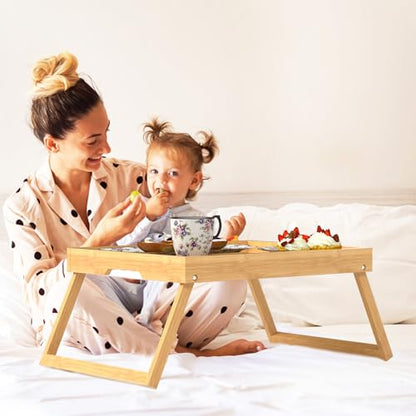 Bamboo Bed Tray Tables with Folding Legs, Medium, 2-Pack, Bamboo | Two FSC-certified bamboo bed trays with folding legs, handles and raised edges for meals, laptops, reading and serving. - color: Bamboo, size: Medium - 2pc