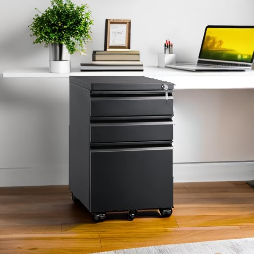 DEVAISE 3 Drawer Mobile File Cabinet with Lock, Under Desk Metal Filing Cabinet for Home Office/Legal/Letter/A4 File, Fully Assembled Except Wheels, Black - color: Black, size: 17"D x 15"W x 24"H