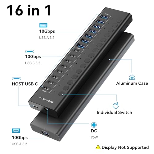 ACASIS 16 Ports Powered USB 3.2 Hub (8 USB-A 3.2 +8 USB-C 3.2), 10Gbps | Individual On/Off Switch for Each Port • Aluminum Housing • Better Heat Dissipation • Plug & Play • 96W Power Adapter - color: Black