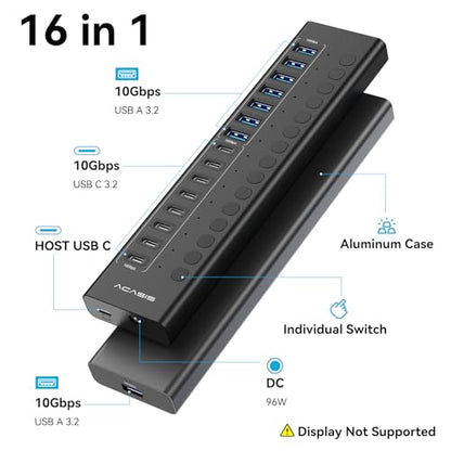 ACASIS 16 Ports Powered USB 3.2 Hub (8 USB-A 3.2 +8 USB-C 3.2), 10Gbps | Individual On/Off Switch for Each Port • Aluminum Housing • Better Heat Dissipation • Plug & Play • 96W Power Adapter - color: Black