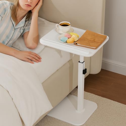 Adjustable Bamboo C-Shaped Side Table with 360° Swivel Top | Height-adjustable Bamboo Side Table Swivels 360° Beside a Couch, Bed or Chair for Working, Eating, Reading and Daily Use. - color: White