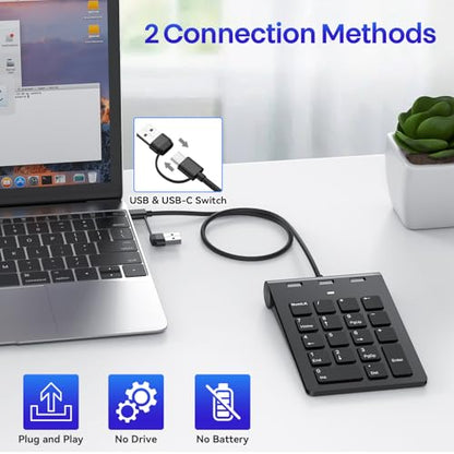2-in-1 Number Pad & USB Hub with USB-C and USB-A Cables, 15° Ergonomic Wired Numpad with 3 USB 2.0 Ports , Number Keypad for Laptop/iPad/MacBook/PC/Windows/MacOS,No Adapter Needed USB Number Keypad - color: Black