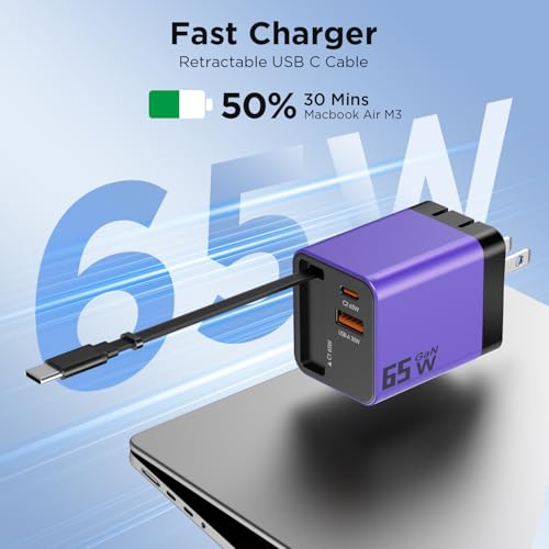 65W GaN USB C Charger with Retractable Charging Cable | travel charger for MacBook, iPhone 17 16 15, Samsung Galaxy S24, iPad, 3 in 1 wall charging block,Purple - color: Purple