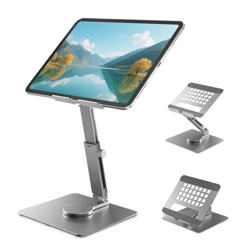 iPad Stand, Height Adjustable with 360 Rotating Base Holder for Desk | Tablet Stand Aluminum Alloy Compatible with i Pad Pro 12.9 11 Air Mini 4 5, 4.7-14'' iPhone, iPad, Tablet and More