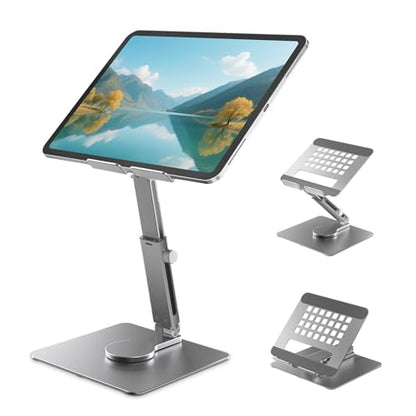 iPad Stand, Height Adjustable with 360 Rotating Base Holder for Desk | Tablet Stand Aluminum Alloy Compatible with i Pad Pro 12.9 11 Air Mini 4 5, 4.7-14'' iPhone, iPad, Tablet and More