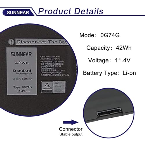 0G74G 2PFPW Laptop Battery Replacement for Dell Latitude 5300 5310 7300 7400 E5300 E5310 E7300 E7400 Series OG74G 02PFPW 3KF82 8JYHH 11.4V 42Wh 3500mAh 3-Cell - size: 8.82*5.12*1.34 inches 0G74G