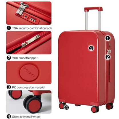 mixi Luggage Suitcase with Spinner Wheels, Hardside Rolling Suitcase PC with Cover & TSA Lock Lightweight Travel Case 24in Checked in, Red - color: Red, size: 24in Checked in