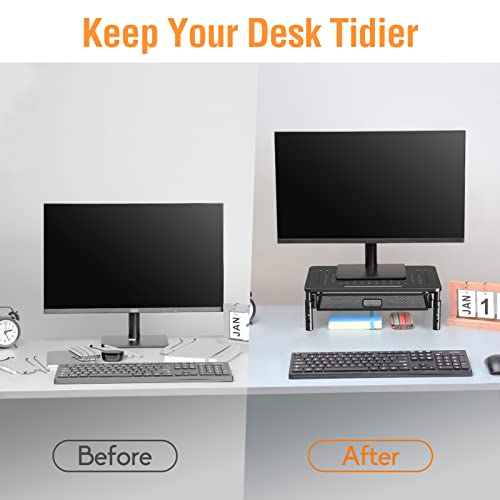 ELIVED 2 Pack Monitor Stand Riser with Metal Drawer, 3 Height Adjustable | with Larger Storage Space for Home and Office Supplies, Metal Desktop Stand for Laptop Computer Printer PC iMac