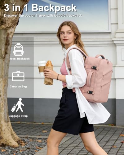 Capolo Travel Laptop Backpack Women Carry On Backpack Weekender Travel Bag | 25L Flight Approved,Waterproof Overnight Bag,College Bookbag,Work,3-4 Day Travel,Fits 17" Laptop (Large,Pink) - color: Pink, size: Large