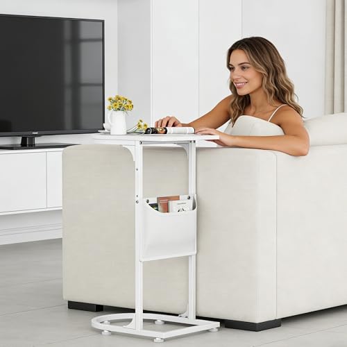 C Shaped End Table, Small Side Table for Couch, C Table that Slides Under Sofa with Storage Bag, TV Tray Table for Recliner, Living Room, Bedside, Bedroom, Small Spaces, White - color: Classic White