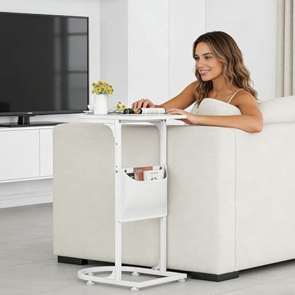C Shaped End Table, Small Side Table for Couch, C Table that Slides Under Sofa with Storage Bag, TV Tray Table for Recliner, Living Room, Bedside, Bedroom, Small Spaces, White - color: Classic White