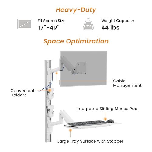 Mount Plus MED10 Medical Monitor Wall Mount with Folding Keyboard Tray and Mouse Pad | Scanner Holder | Heavy Duty Height Adjustment Folding Design for 17"-49" Monitor On Wall Track Up to 44 lbs