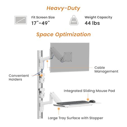Mount Plus MED10 Medical Monitor Wall Mount with Folding Keyboard Tray and Mouse Pad | Scanner Holder | Heavy Duty Height Adjustment Folding Design for 17"-49" Monitor On Wall Track Up to 44 lbs