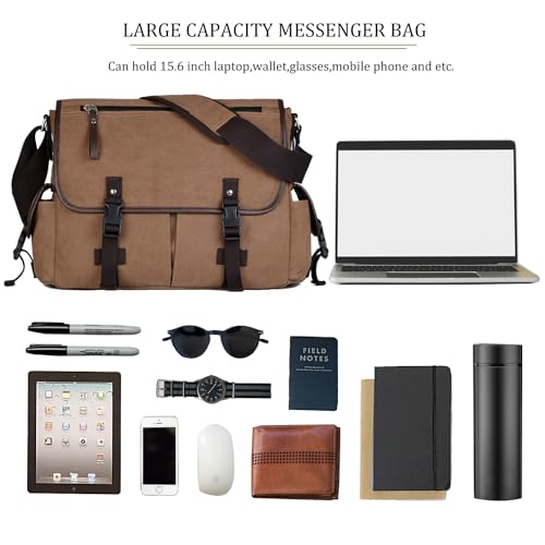 15.6 Inch Laptop Messenger Bag for Men Women, Canvas Computer Shoulder Bag, Work Briefcase for Business College Travel | Anti-theft Design - color: Coffee