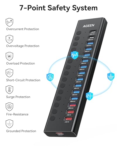 Powered USB Hub, AGEEN 16-Port USB 3.2 Hub (14 USB-A+2 USB-C), 10Gbps | 11*USB-A 3.0, 3*QC 24W Fast Charging, 2*USB-C 3.0, Plug & Play, Aluminum, 96W Power Adapter for PC, Laptop, HDD, Flash Drive