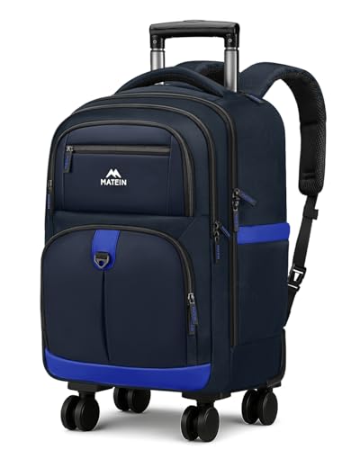 MATEIN Rolling Backpack 4 Wheels, Rolling Backpack with Shoulder Straps | 17 Inch Water Resistant Roller Laptop Bag Carryon Luggage, Lightweight Wheeled Travel Daypack for Business Adults Men