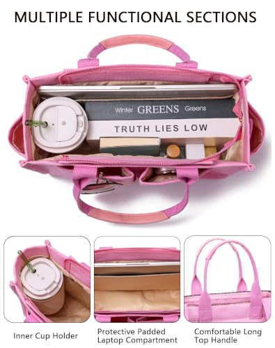 Canvas Tote Bag for Women,Women's Bags Crossbody Bags Work Laptop Tote Bag Large Handbags Purse for Travel Nurse Teacher - color: New Upgrade Plus Pink With Compartments and Inner Cup Holders