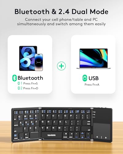 Samsers Foldable Bluetooth Keyboard with Touchpad, Ultra Slim Compact,Black | Multi-touch Trackpad, Full Size, Phone Holder, USB-C Charging, 3 Device, for Android Windows iOS Mac OS, Mobile Productivity - color: Black, size: 3-Device