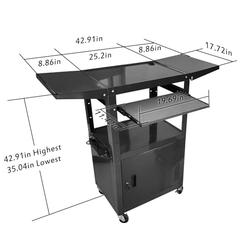 AV Cart with Locking Cabinet and Keyboard Tray Height Adjustable Utility Cart with Extra Storage,Computer Cart with Wheels and Power Strip for Presentations Office Holds 300 Lbs(Black/43”x18”x43”) - size: 43”x18”x43”