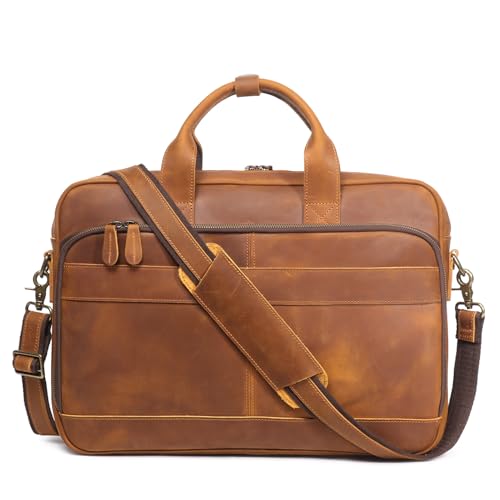 Leather Briefcase for Men 17Inch Laptop Messenger Bags Business Travel Handcrafted Laptop Bag with YKK Zipper Gift - color: Brown