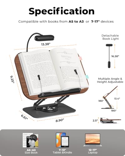 Book Stand for Reading, Adjustable Book Holder with 360° Rotating Bases, Multifunctional Display Stand for Recipe, Cookbooks, Magazines (Dark Wood with Light) - color: Dark Wood With Light