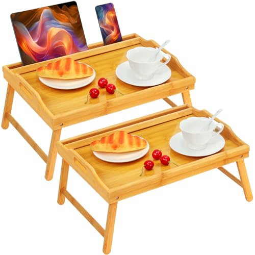 Bed Tray Table Breakfast Trays Serving Tray Adjustable Height for Eating Bamboo Bed Laptap Floding Legs with Handles and Phone Holders - style: 2 pack