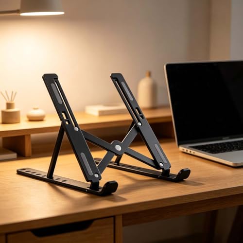 Adjustable Laptop Stand for Desk Foldable Portable Laptop Riser with Ten-Degree Angle Free Adjustment ABS+Silicone Laptop Accessories for Laptops,Tablets Black - color: Black