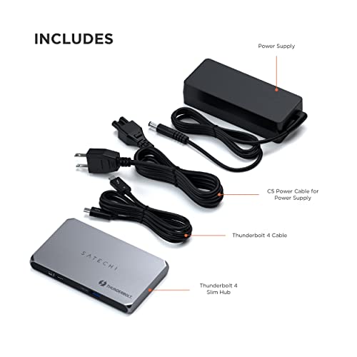 Satechi Thunderbolt 4 Slim Hub 5-in-1, USB C 60W Charging, Single 8K or Dual 4K Display, 4 Thunderbolt 4 Ports, USB 3.2 Gen2, Compatible with USB4/Thunderbolt 4 Macs and Windows - style: Thunderbolt 4 Slim Hub - 60W