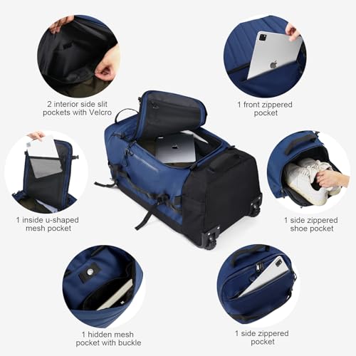 Vomgomfom 86L Collapsible Wheeled Duffle Bag Waterproof, Navy | Detachable Backpack Straps, Padded Laptop Sleeve, Quilted Reinforced Base, U-Shape Mesh Pocket, Shoe Compartment - color: Navy