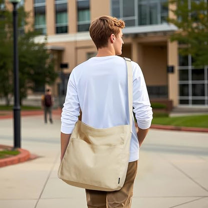 KALIDI Canvas Tote Bag Large Hobo Crossbody Shoulder Handbag Zipper Messenger Bag for Women or Men Casual College Work - color: Beige
