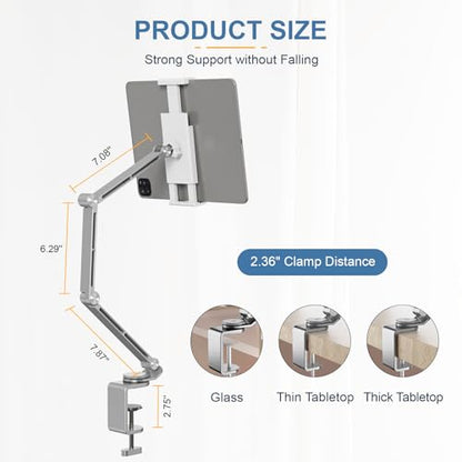 Houele Tablet Stand Holder for Desk iPad Stand Desk Mount, Silver | Adjustable Foldable Tablet iPad Arm Mount Phone Holder with 360°Rotate Base, Compatible with Tablets or Other 4-15.6" Device - color: Silver