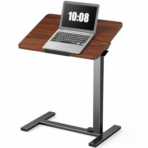 DUMOS Overbed Table with Wheels, Height-Adjustable Bedside Table, Brown | Rolling standing desk with Pneumatic Lift, Portable mobile desk for Bed, Couch, Office, Sofa - color: Brown, size: 27.56*15.75*42.52inch