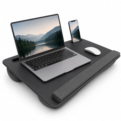 Lap Desk for Laptop, Fits 17.3", Bed & Couch, Black | Fits 17.3" laptops, faux leather surface, wrist pad, dual cushion base, tablet & phone slots, carry handle