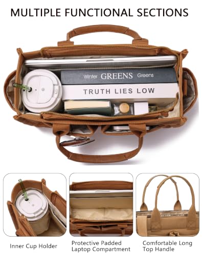 Canvas Tote Bag for Women,Women's Bags Crossbody Bags Work Laptop Tote Bag Large Handbags Purse for Travel Nurse Teacher - color: New Upgrade Brown With Compartments and Side Cup Holders
