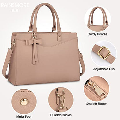 RAINSMORE Laptop Bag for Women 15.6 Inch PU Tote Bag Business Office Work Bag Waterproof Briefcase Computer Tote Lightweight Handbag Shoulder, Khaki - color: Khaki