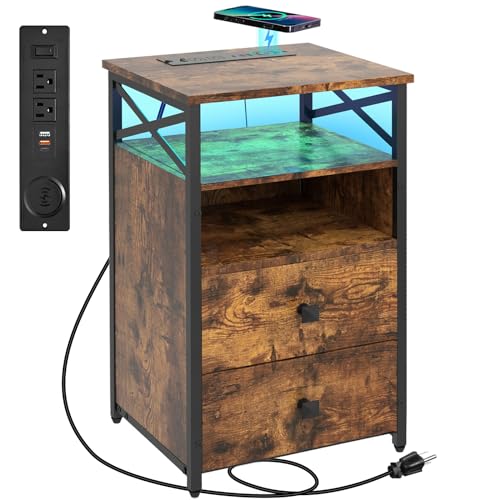 Livofloral LED Nightstands with Wireless Charging Station, Side Table with 2 Wood Drawers, Charging End Tables Living Room with USB and Outlets, Bedside Table for Bedroom, Brown - color: Brown, size: 1 Pack Nightstand with Wireless