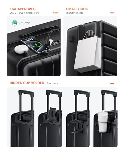 Expandable 20Inch Carry On Luggage Airline Approved - Top Opening Hardside Travel Suitcase Unbreakable -with Cup Holder,USB Charge,Side Pothook, 360°Spinner Wheels, TSA Lock-Black - color: Black, size: 20 Inch-EXT