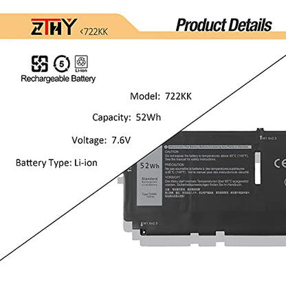 722KK Laptop Battery for Dell XPS 13 9300 2020 Edition XPS 13 9310 2020 | Edition XPS 13 9380 2020 Edition P117G P117G002 P117G001 Series 0WN0N0 WN0N0 02XXFW 2XXFW FP86V 7.6V 52Wh - size: 10.51*4.06*0.16 inch 722KK