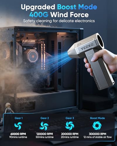 Compressed Air Duster, 300000 RPM & 400 G Wind Pressure, 10000 mAh Battery with Fast Charging, 4-Gear Electric Air Duster Rechargeable, Electric Duster Mini Blower with LED for Office Cleaning