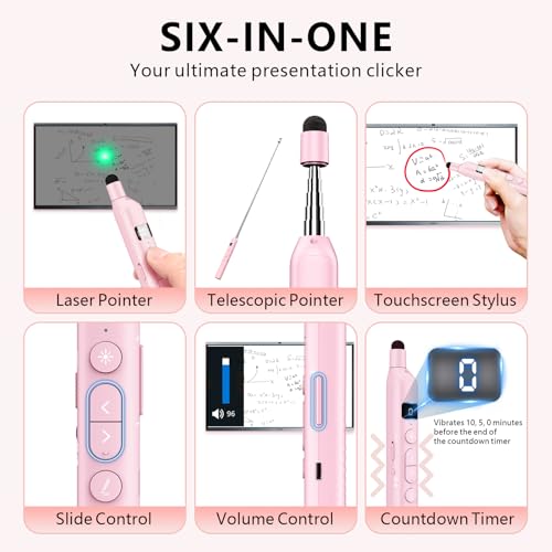 N21 Bluetooth Presentation Clicker for PowerPoint with Retractable Pointer | ①Green laser ②Telescopic touch pen ③Countdown timer, vibration alert ④Customizable Button ⑤Rechargeable;battery level display - color: Pink - Green Pointer