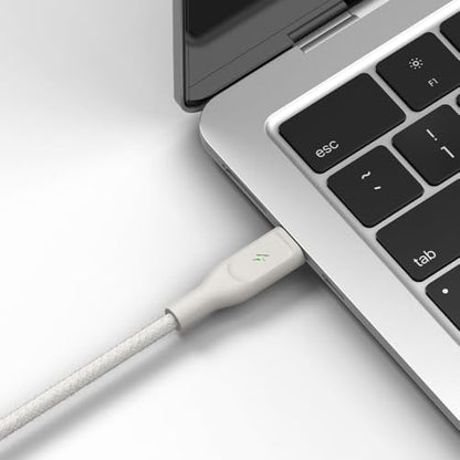 POUT ElectroBoost Thunderbolt LED 100W PD 3.0 USB-C to USB-C Cable – Nylon-Braided Fast Charging & Data Cable with Real-Time LED Status Indicator, E-Marker Chip, 480Mbps Transfer – 4ft, Almond Sand - color: Almond Sand