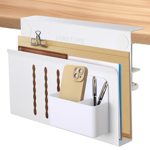 LUKETURE Desk Side Storage, No Drill Laptop Mount with Pen Holder, Clamp-On | Fits Flat Edge Desks 0.3 to 2.8 Inches,Secure Grip on Wood, Glass, or Metal Surfaces Without Slipping - color: White(1 Tie)