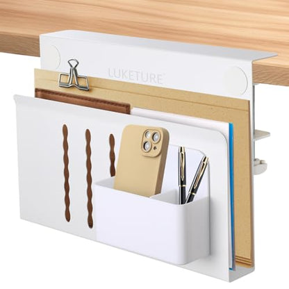 LUKETURE Desk Side Storage, No Drill Laptop Mount with Pen Holder, Clamp-On | Fits Flat Edge Desks 0.3 to 2.8 Inches,Secure Grip on Wood, Glass, or Metal Surfaces Without Slipping - color: White(1 Tie)