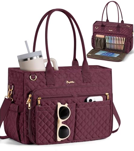 Bagstellar Teacher Tote Bag for Women, 15.6" Laptop Work Tote Computer Bag | Quilted Bible Nurse Bag with 40oz Cup Holder, Insulated Pocket & Strap, Large Laptop Briefcase for School Travel Office Gifts - color: Burgundy