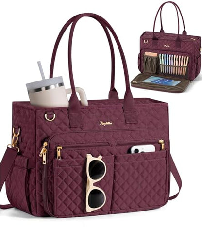 Bagstellar Teacher Tote Bag for Women, 15.6" Laptop Work Tote Computer Bag | Quilted Bible Nurse Bag with 40oz Cup Holder, Insulated Pocket & Strap, Large Laptop Briefcase for School Travel Office Gifts - color: Burgundy