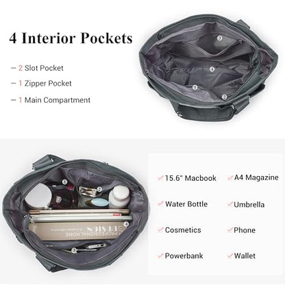 VOLGANIK ROCK Canvas Tote Bag Waterproof Nylon Multi Pocket Shoulder Bags Laptop Work Bag Teacher Purse Handbag for Women Men - color: Grey